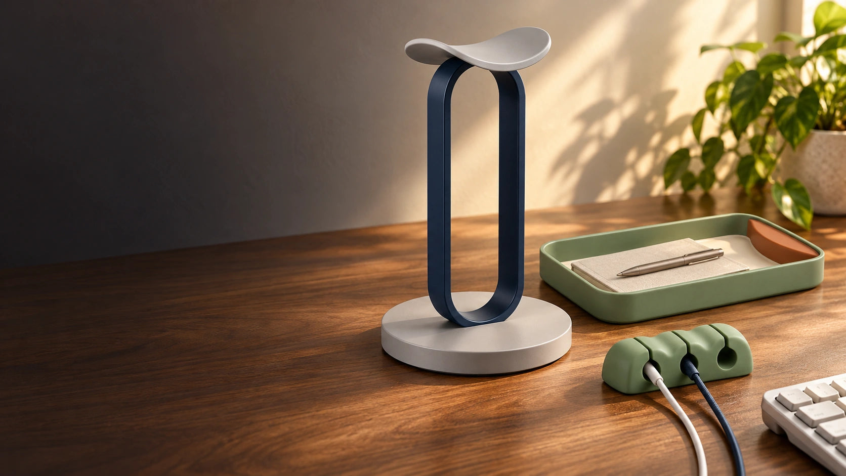 BrightForge desk accessories on a walnut desk
